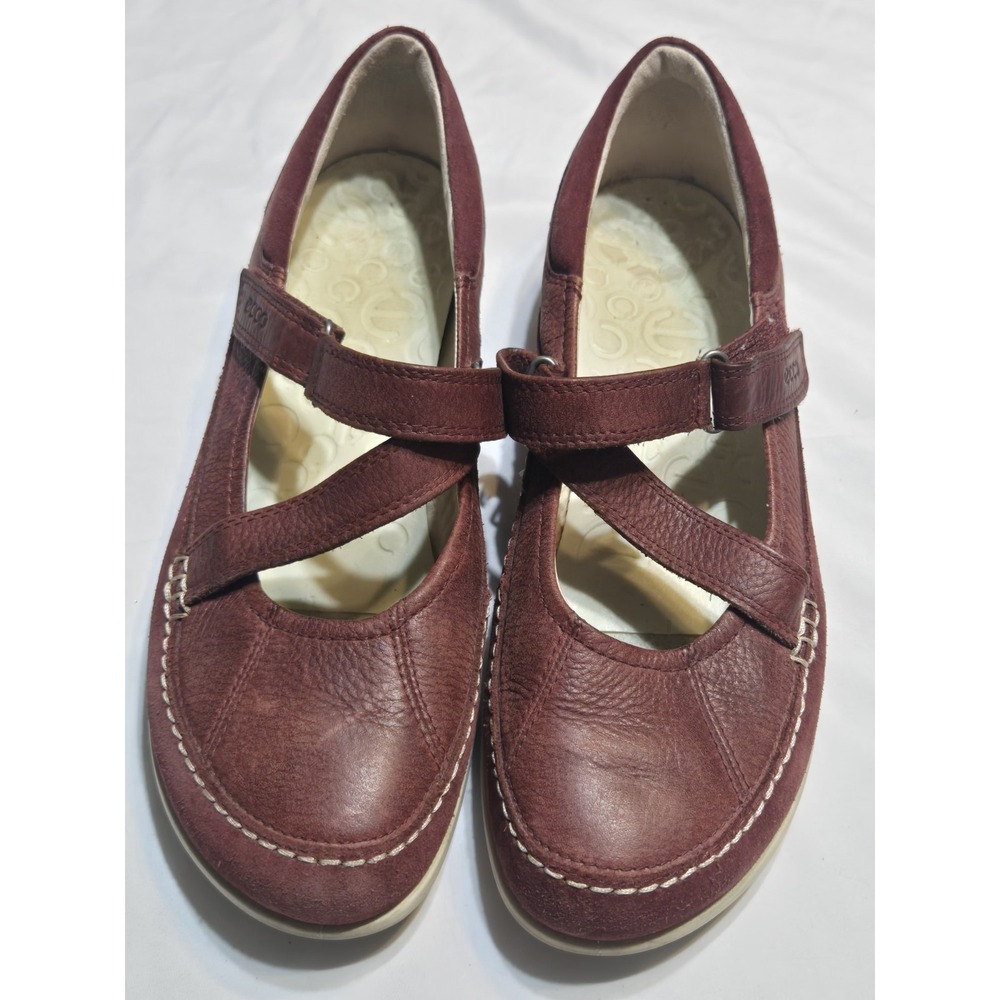 ECCO Cayla Mary Jane Burgundy Leather Flat Shoes Adj Strap Womens Eur 41/US 10